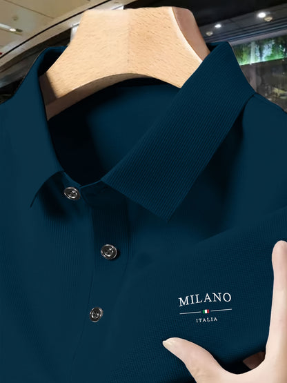 Men's Milan Italy Graphic Shirt, Dark Gray Waffle Knit Short Sleeve with Button-Collar for Summer Business Casual Style.