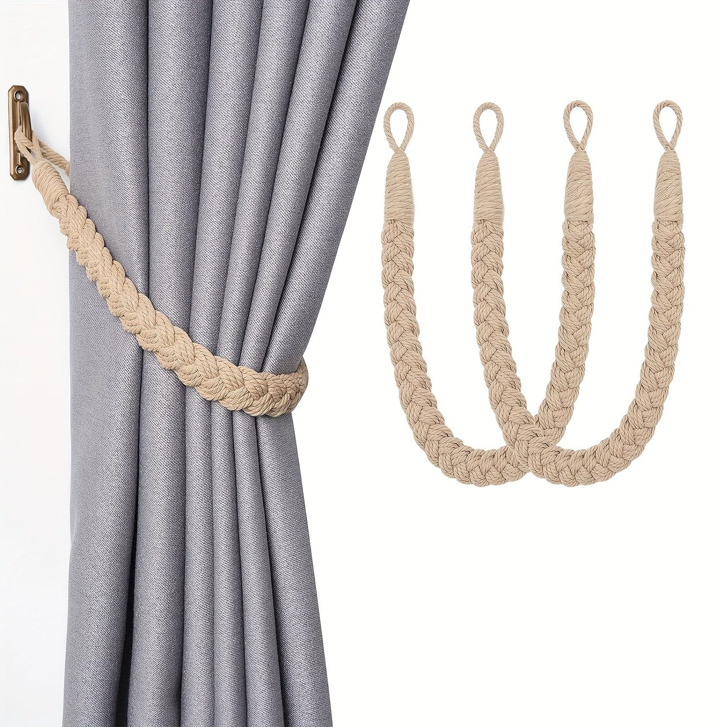 Two pieces of elegant bohemian style hand-woven rope curtain tiebacks featuring metal hooks - perfect for adding a natural decorative touch to your home or office. These soft braided design holdbacks are the ideal curtain accessories.