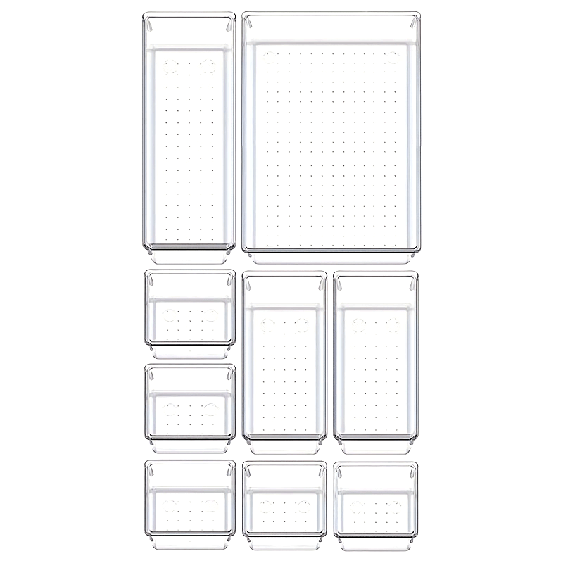 Set of 9 premium clear plastic drawer organizers, suitable for organizing various items in the bathroom, vanity, makeup, bedroom, kitchen gadgets, utensils, and office. These versatile trays come in 4 different sizes and provide a stylish and practical