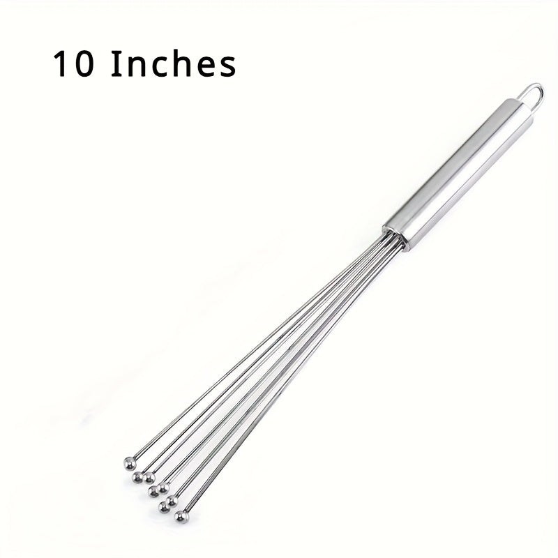 The Stainless Steel Egg Beater Whisk is a manual kitchen whisk set perfect for cooking, mixing, and stirring. This durable whisk requires no electricity to use.