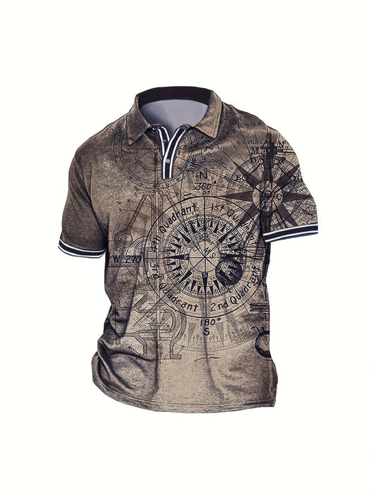 3D Compass Graphic Print Polo Shirt for Plus Size Men, Perfect for Summer Business or Workout