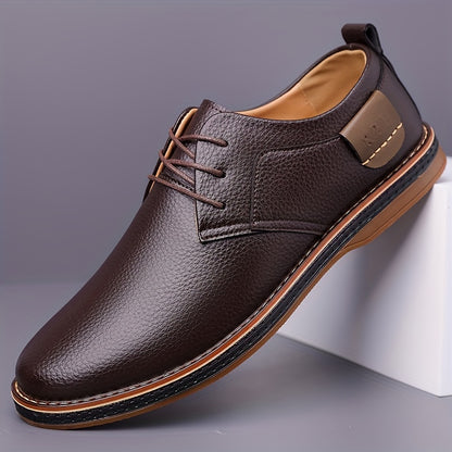 Men's fashion street style dress shoes with solid color microfiber synthetic upper, round toe, rubber sole, lining & insole, low top lace-up for daily & casual wear in spring/fall season.