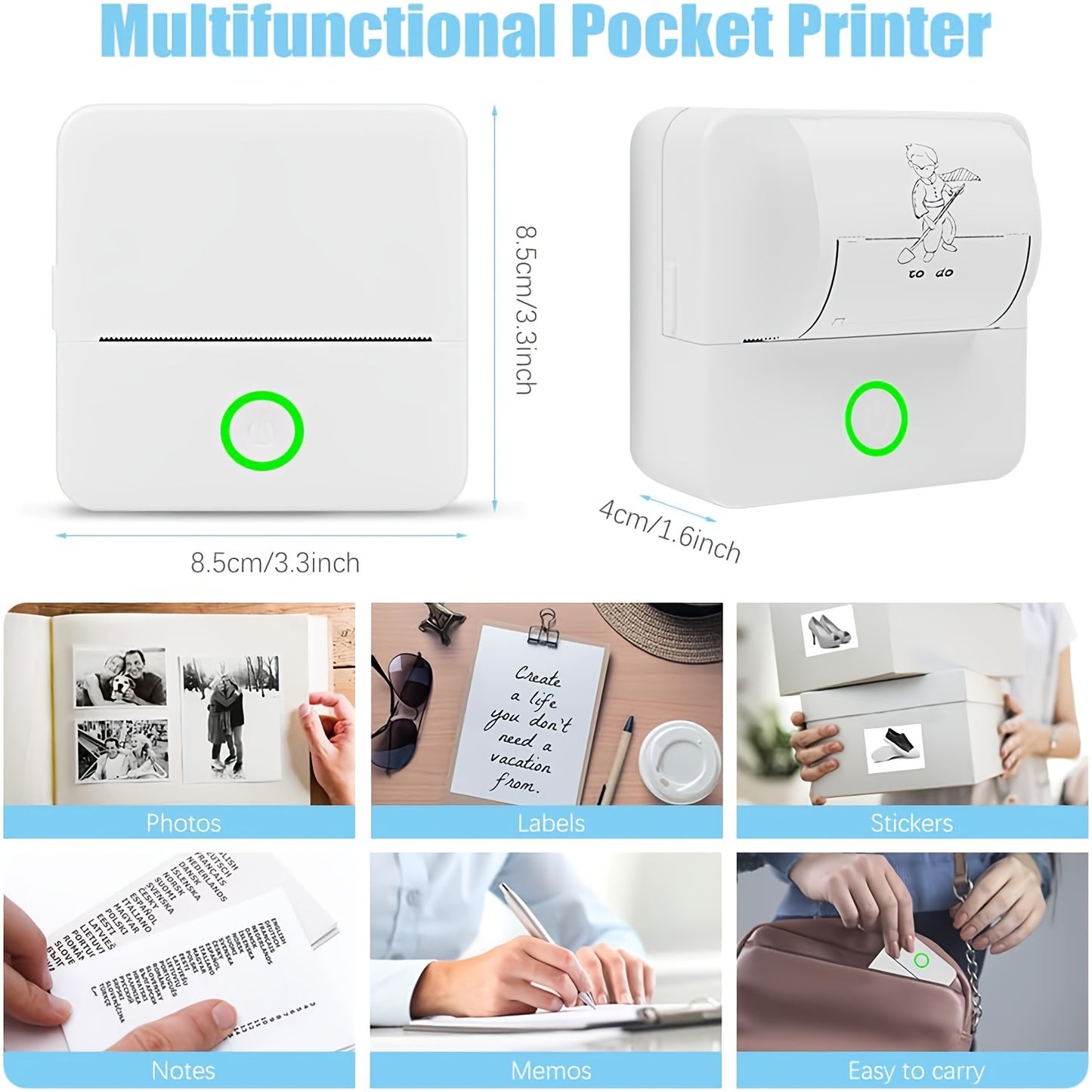 Mini portable thermal wireless pocket printer with a variety of self-adhesive sticker rolls for printing pictures, photos, labels, text, and more.