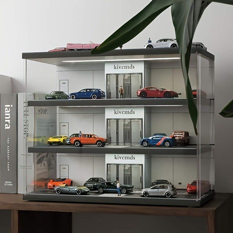 Black PVC 1:64 Scale Model Car Garage Display Case with manual operation and transparent dustproof cover. Features LED lighting, parking lot scene, and stereo model car storage. Perfect for