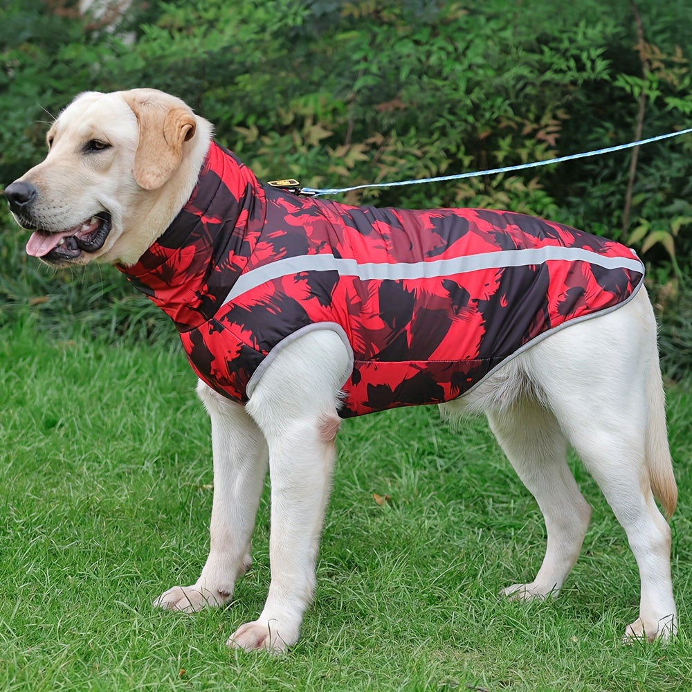 Windproof and waterproof dog jacket with reflective strips for all breed sizes, perfect for outdoor activities.