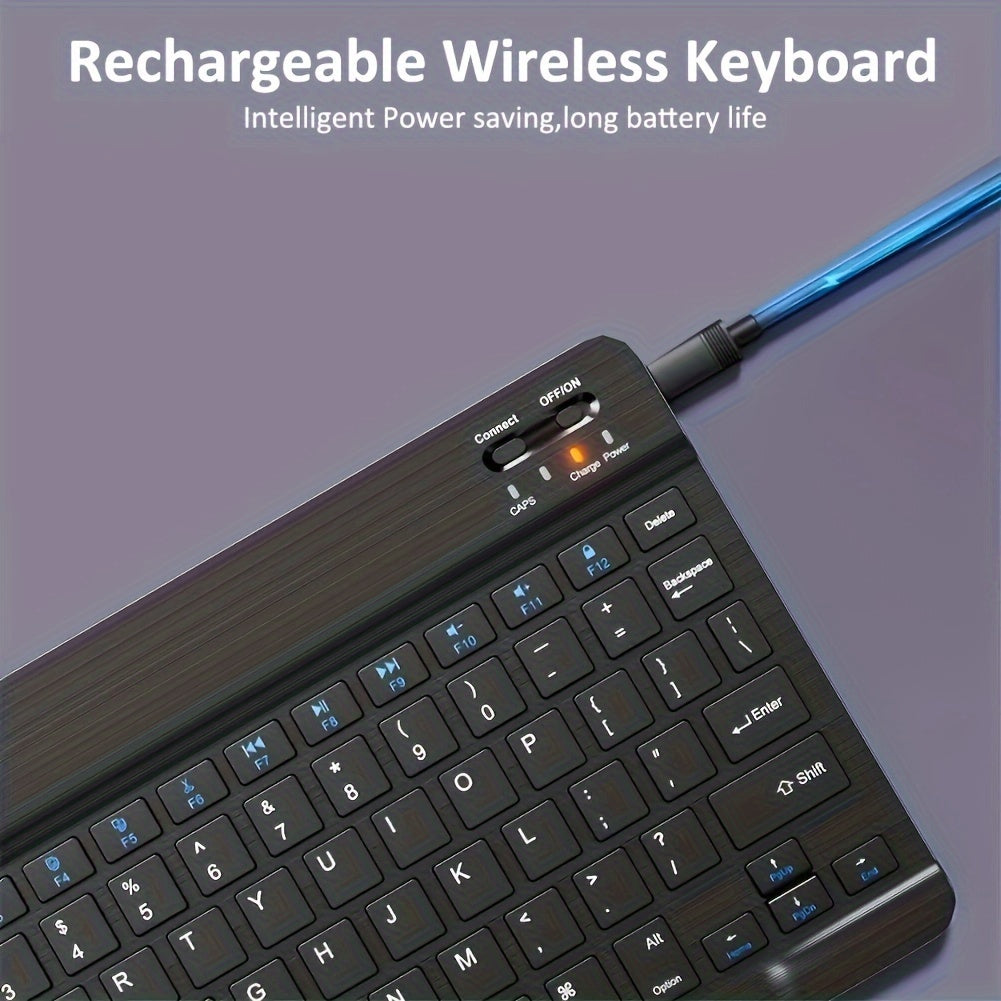 Portable mini wireless keyboard and mouse combo with slim design, rechargeable lithium-polymer battery, and compatibility with various devices. Features optical movement detection, silent