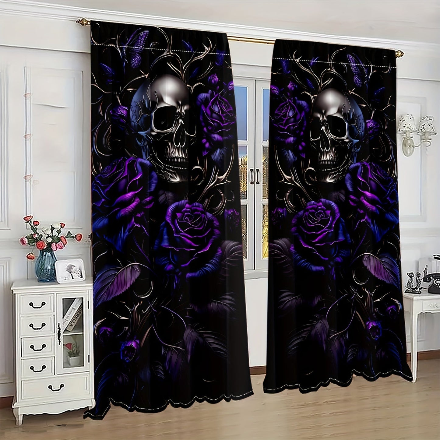 Semi-Transparent Halloween Skull & Butterfly Chrysanthemum Curtains - Set of 2, Privacy-Protecting Drapes for Living Room and Bedroom Decoration