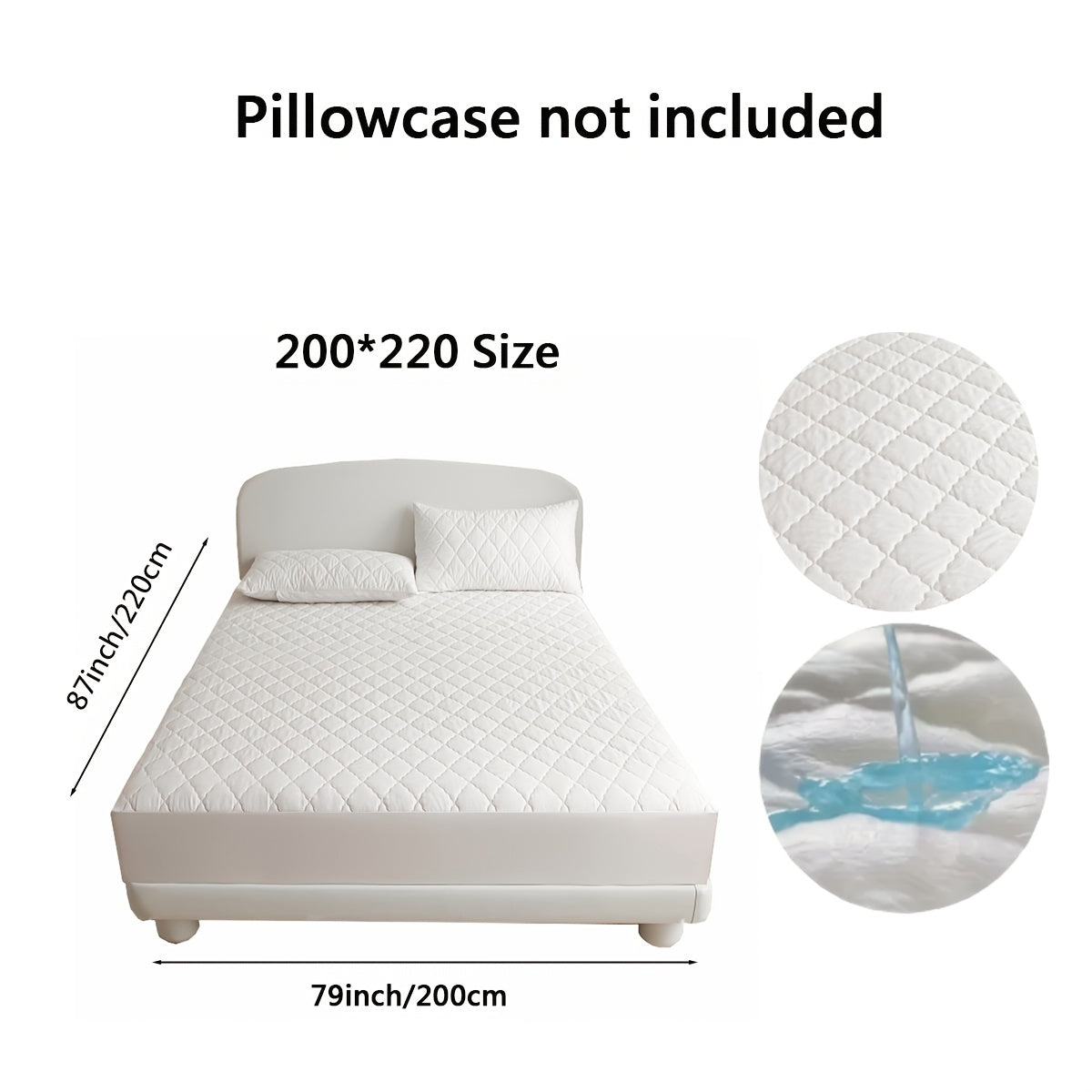 Diamond quilted waterproof bed sheet protector made of 100% woven polyester. Machine washable and available in multiple sizes (pillow shams not included).