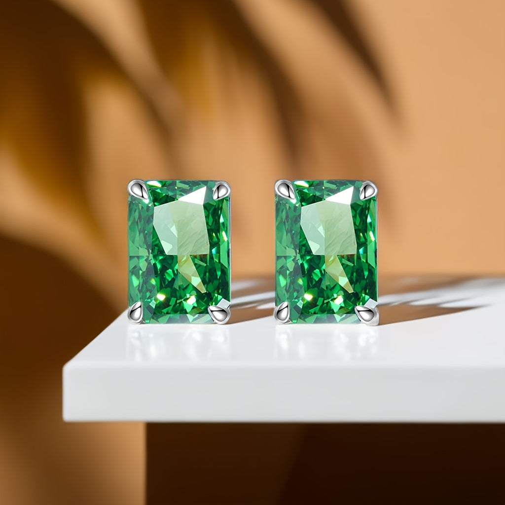 Stylish and elegant Women's Stud Earrings featuring 8 Carat Emerald Green Zirconia with Excellent Quality Sparkle Ice Cut, set in S925 Silver Plated with Platinum and Gold Mosaic. A popular and fashionable choice for women.