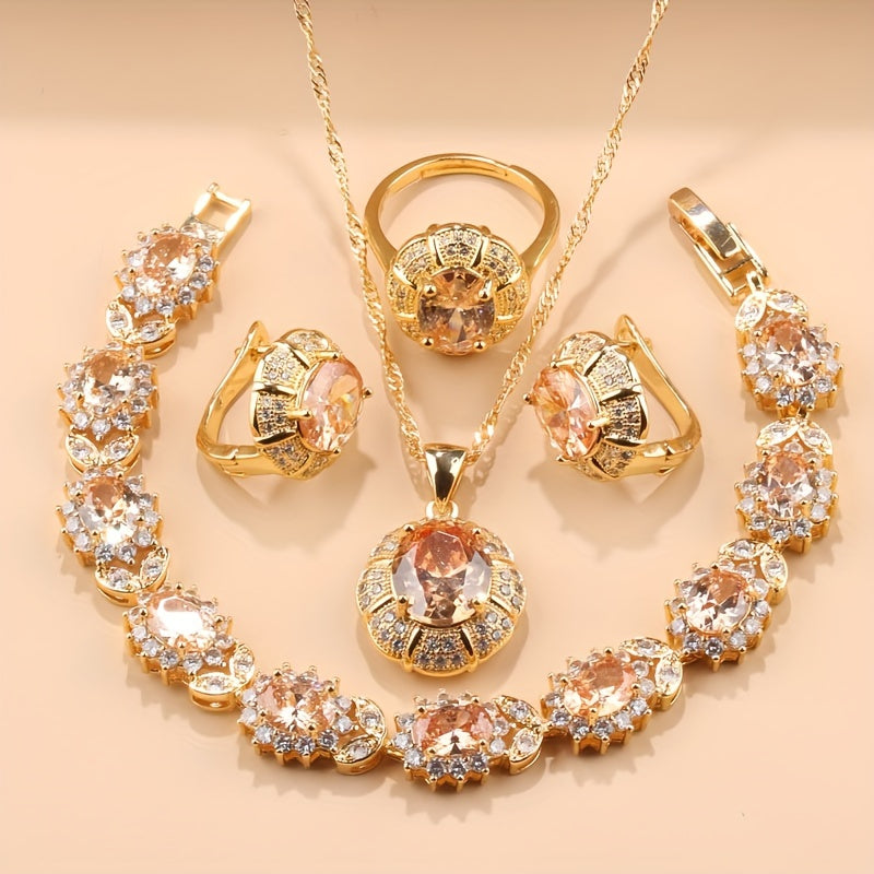 Opulent 5-Piece Women's Jewelry Set - Featuring Earrings, Necklace, Ring & Bracelet adorned with Shimmering Cubic Zirconia - Ideal for Weddings & Special Occasions