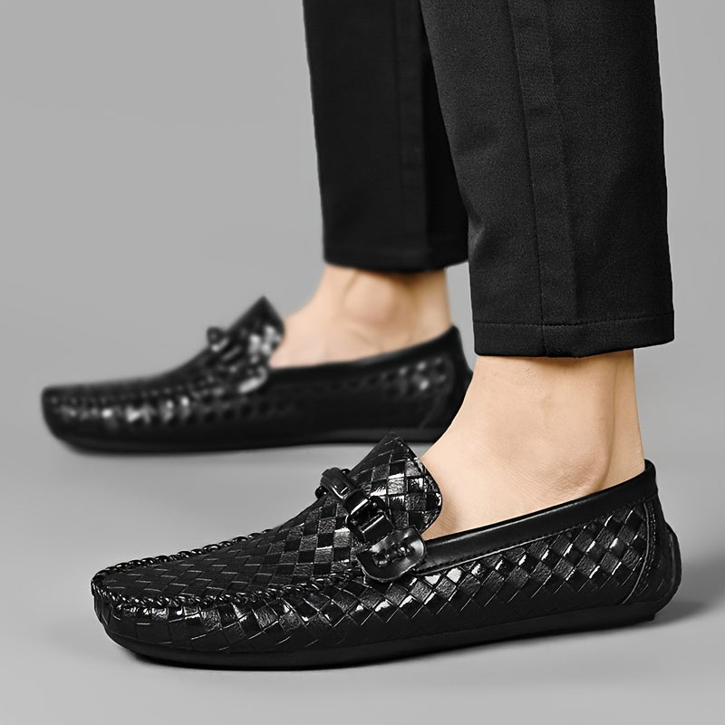 Breathable black slip-on loafers for men, featuring diamond pattern, bowknot design, and lightweight rubber sole for comfort in summer casual style.