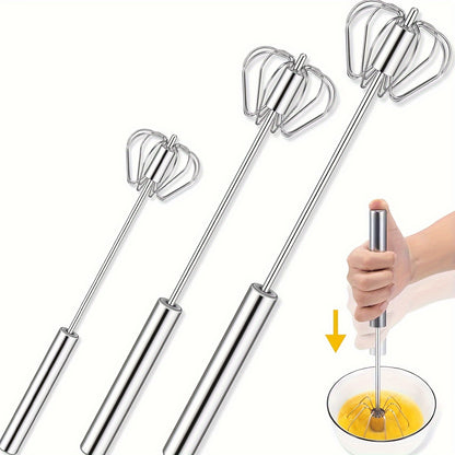 Stainless steel semi-automatic hand whisk for household mixing and baking, suitable for restaurant, food truck, or bakery use.