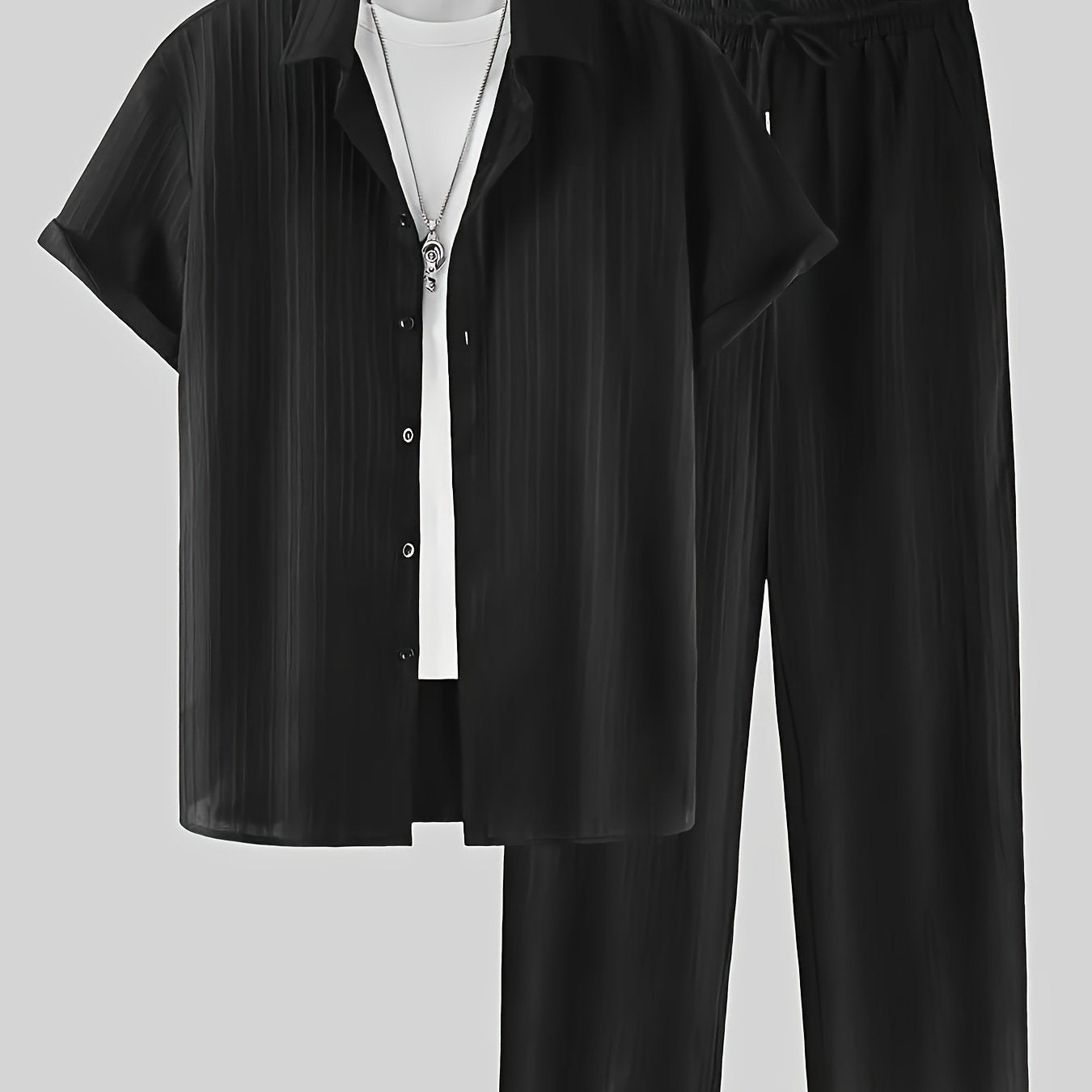 Stylish men's set: striped shirt with buttons and drawstring pants for casual outdoor wear.