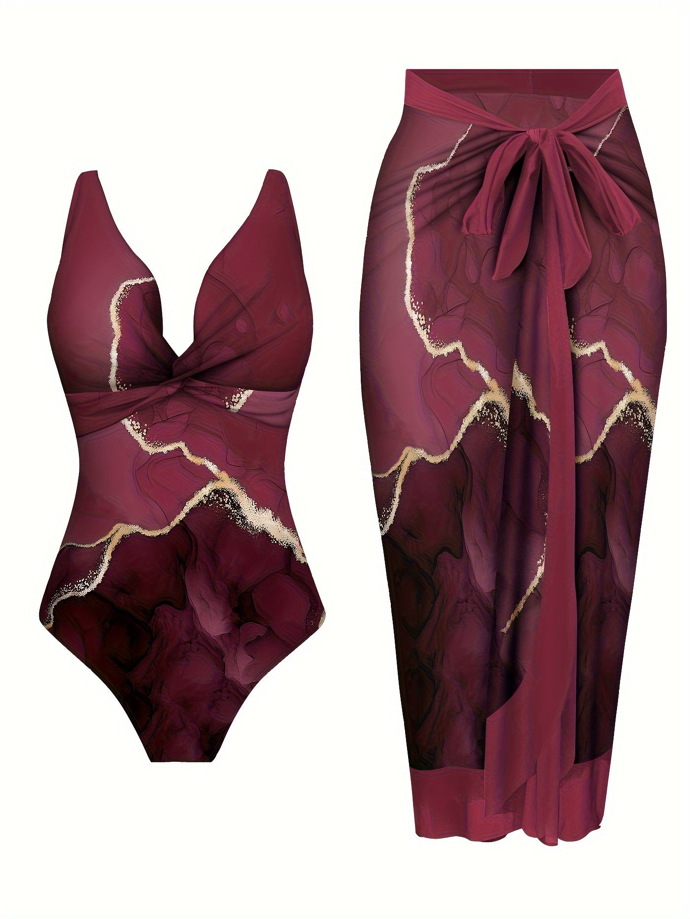 Deep red printed two-piece beachwear set with crisscross details on one-piece bathing suit and matching tie-waist skirt, perfect for parties.