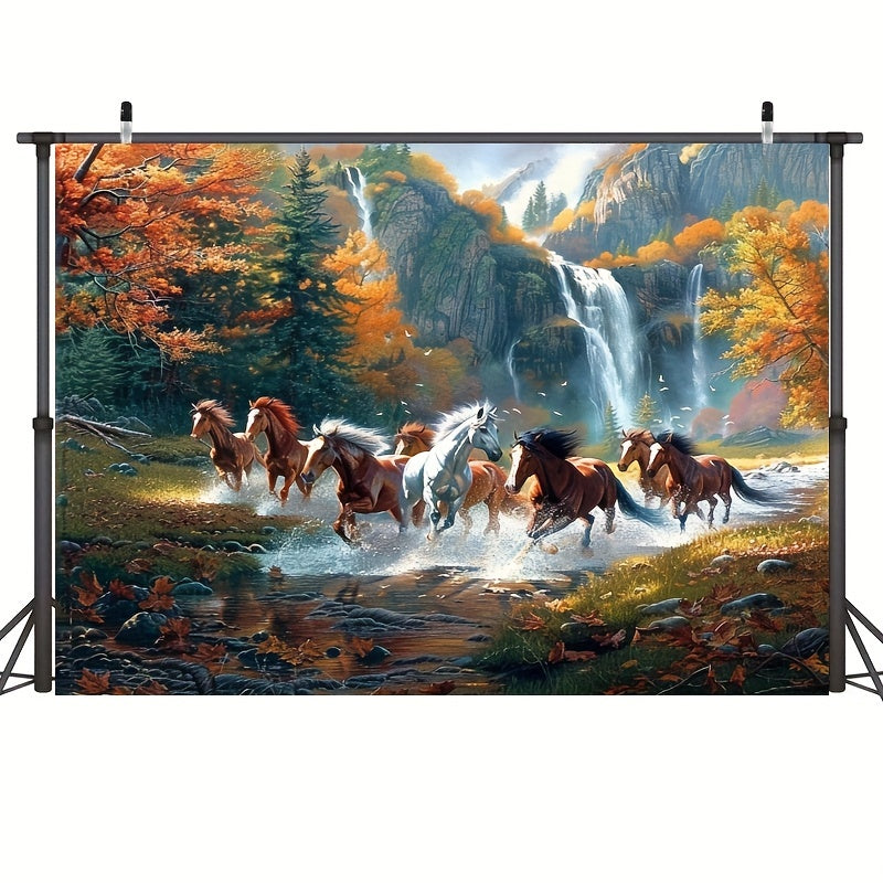 Polyester horse-themed wall backdrop for various occasions, no electricity required. Ideal for classrooms, libraries, photo booths, studios, and celebrations.