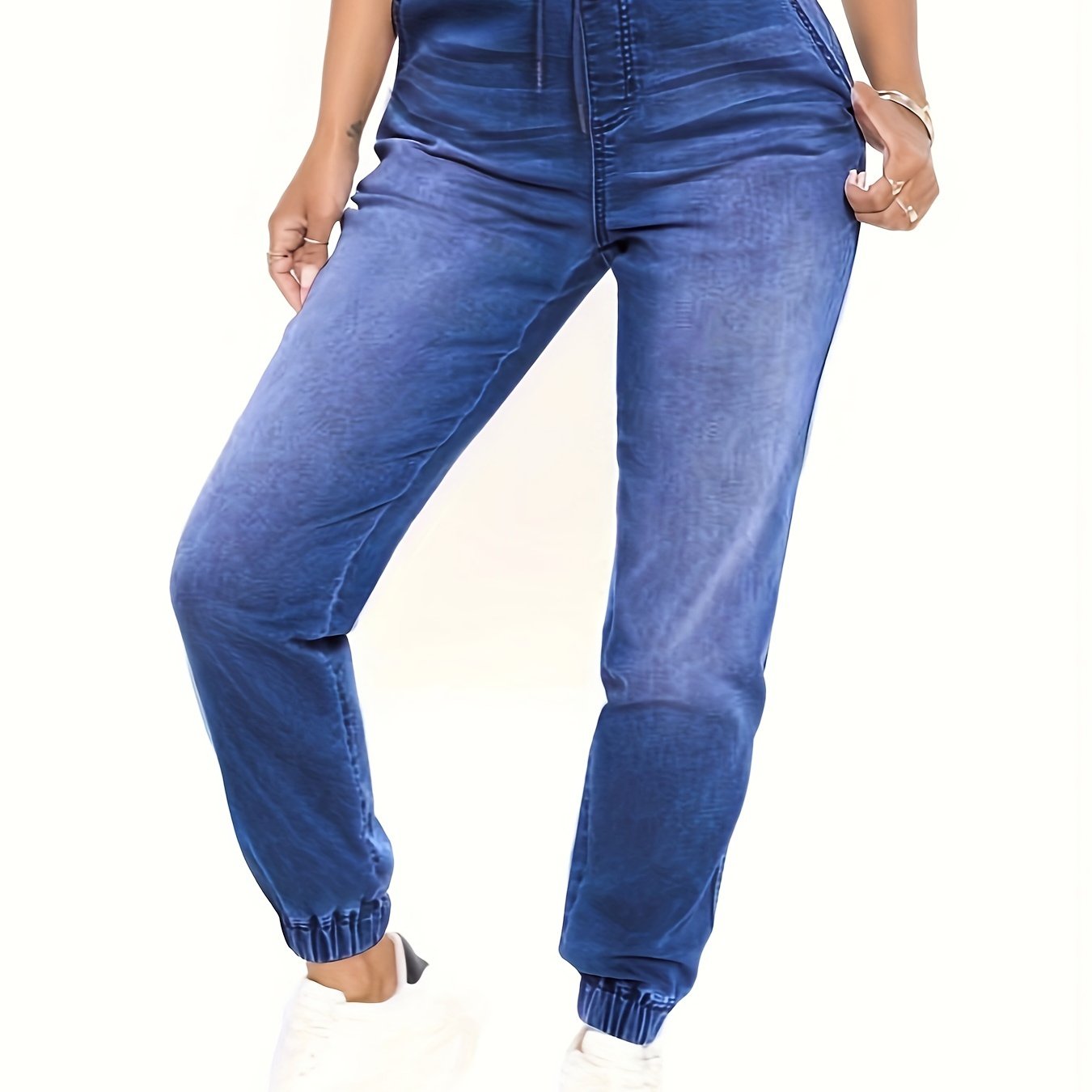 Women's plus size drawstring jogger jeans in a solid color with elastic waist, medium stretch denim made of 65% viscose, 20% polyester, 14% nylon, and 1% spandex, perfect for casual weekend