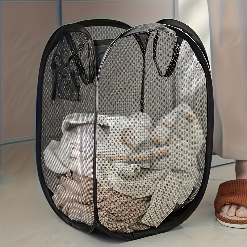 This foldable mesh laundry basket is made with durable material and features handles for easy transport. It is lightweight and has a modern fabric design, making it perfect for storing dirty clothes in the bathroom, bedroom, or laundry room.