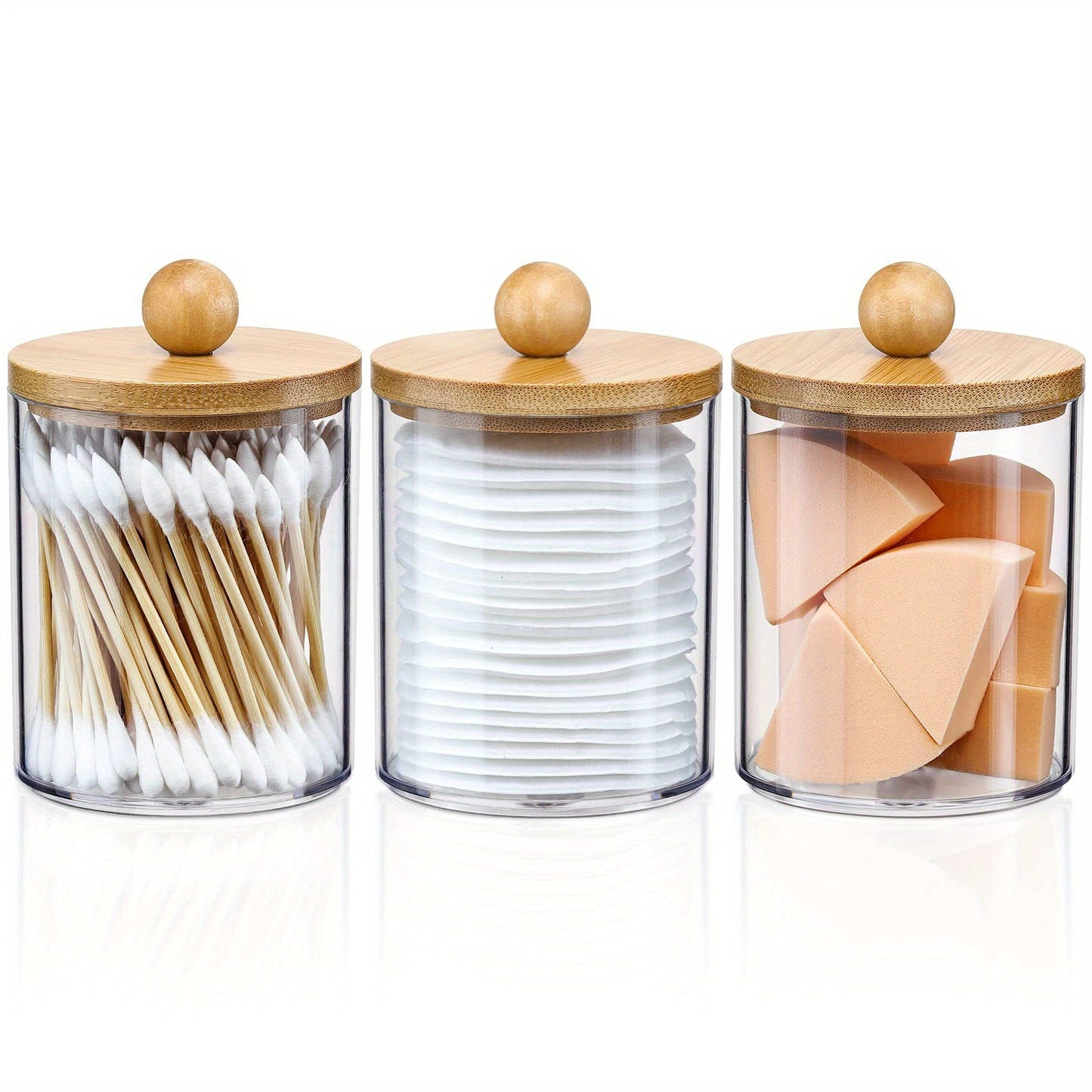 3-piece 10 oz swab organizers with bamboo lids for vanity makeup organization. Includes swabs, balls, pads, floss, and storage bins for home organization.