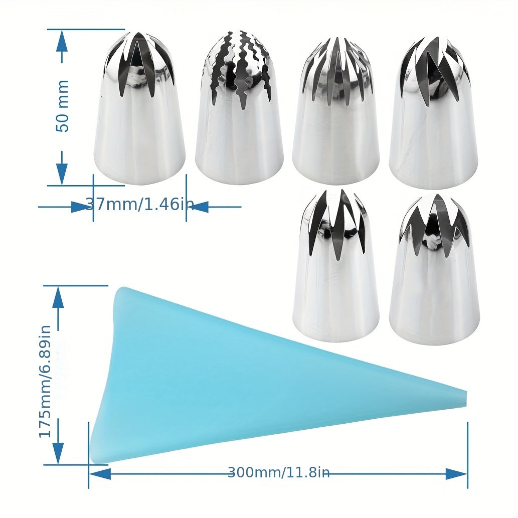 Шесть штук больших насадок для отбивки (3,68 см) из нержавеющей стали для украшения тортов, кексов, печенья и пирожных. Включает бесплатный кондитерский мешок. Идеально подходит для выпечки и удобных кухонных принадлежностей.