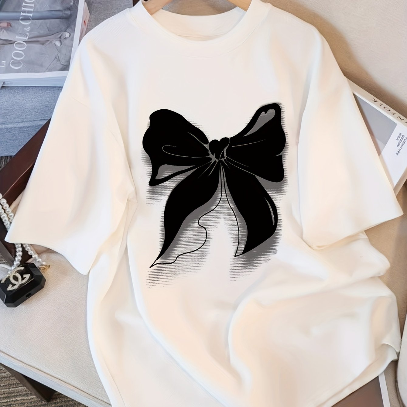 Women's Y2K Style Oversized White Bow Print Tee with Short Sleeves, Round Neck, Soft Fabric for Spring/Summer/Fall.