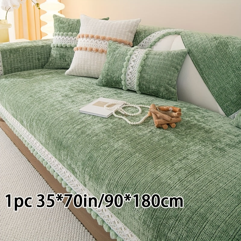 Green Chenille Sofa Cover with Pom-Poms - Waterproof & Pet-Friendly, Fits all sofa sizes (1-4 seater) - Easy care, machine washable, tassel detail, ideal for any room decor