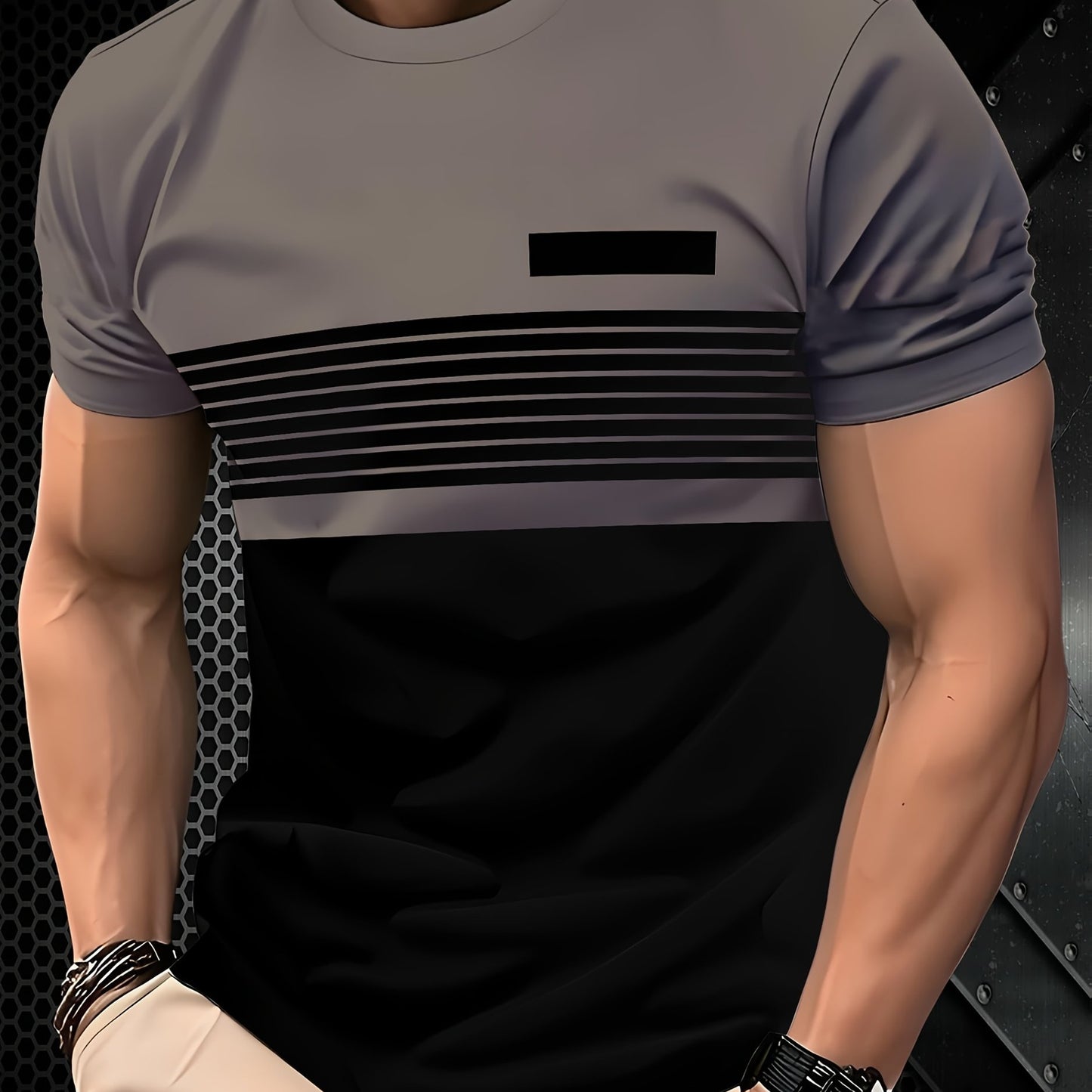 Men's striped 3D print tee - breathable poly blend, crew neck, short sleeve summer top.