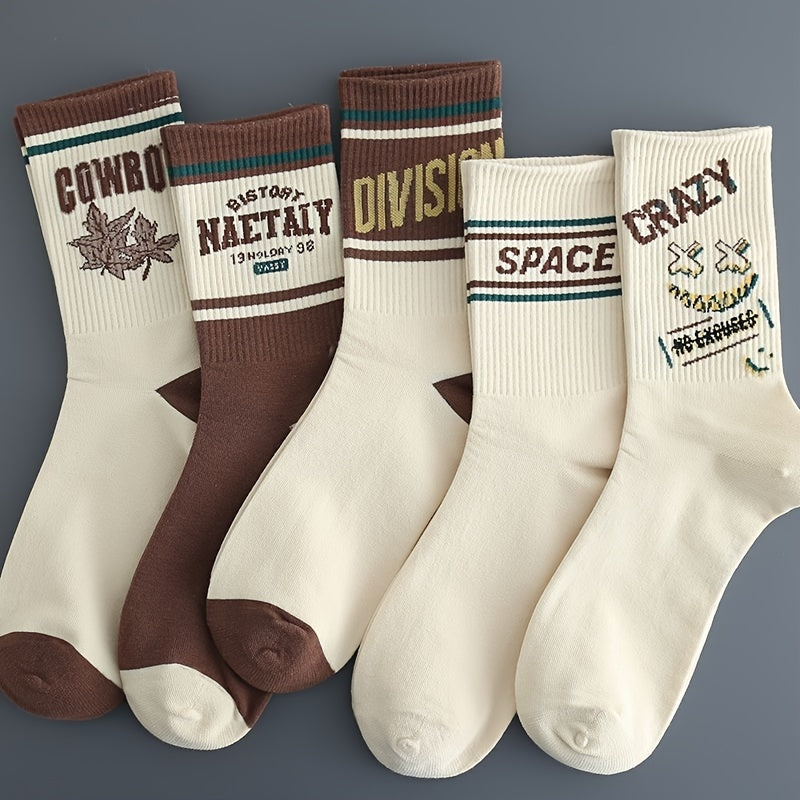 5-pack men's socks with vintage American style, comfortable and breathable. Made of a cotton blend with polyester and spandex. Hand wash only. Features a letter pattern, knit fabric, and