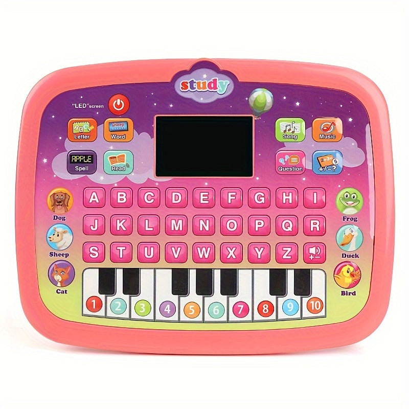 Interactive Tablet Learning Pad with LED Screen, designed to teach Alphabet, Numbers, Words, Music, and Math. This electronic toy promotes development and learning in a fun way. Perfect as a Halloween or Christmas gift. (Batteries not included)