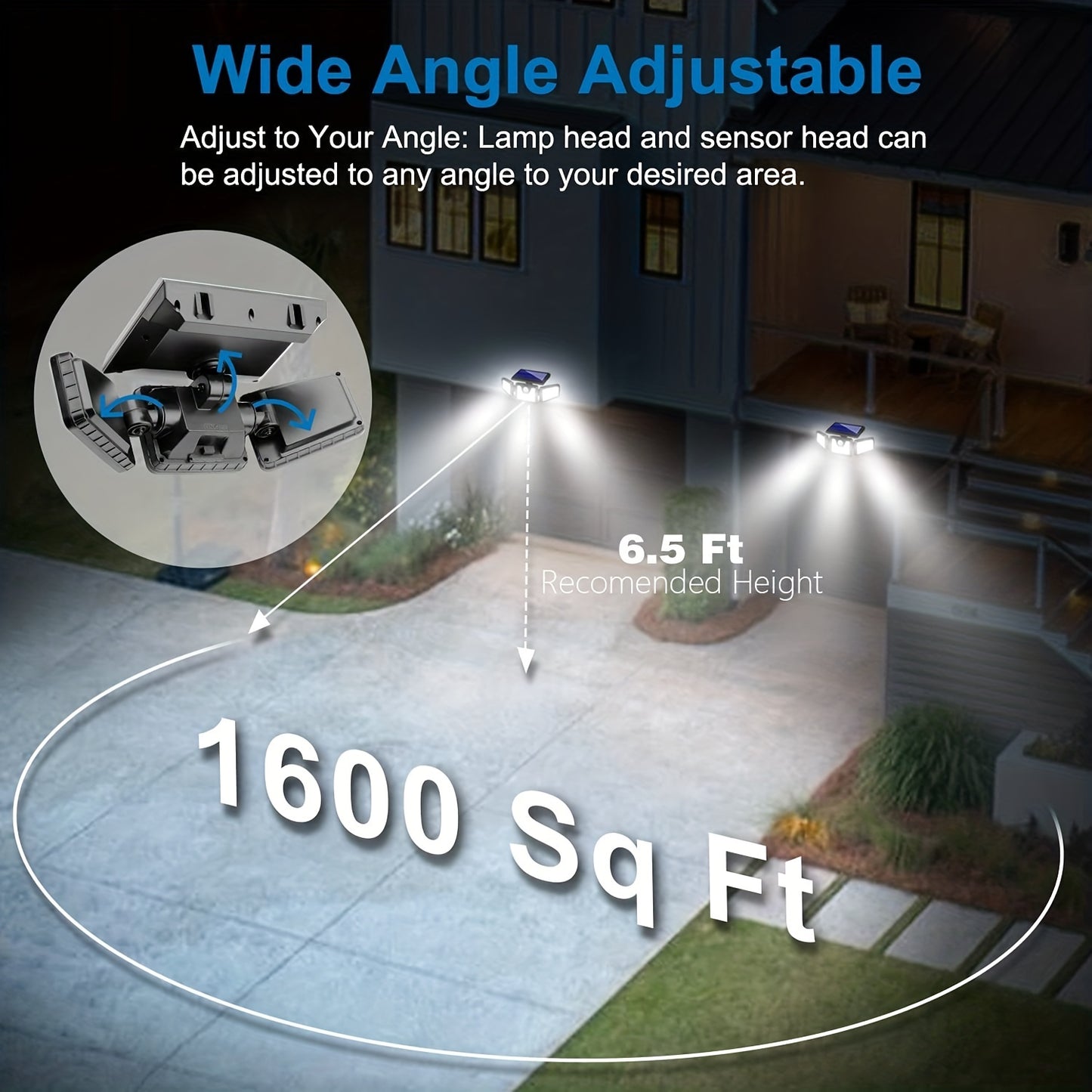 Triple head solar street light with 210 LEDs and 3 lighting modes, great for outdoor areas.