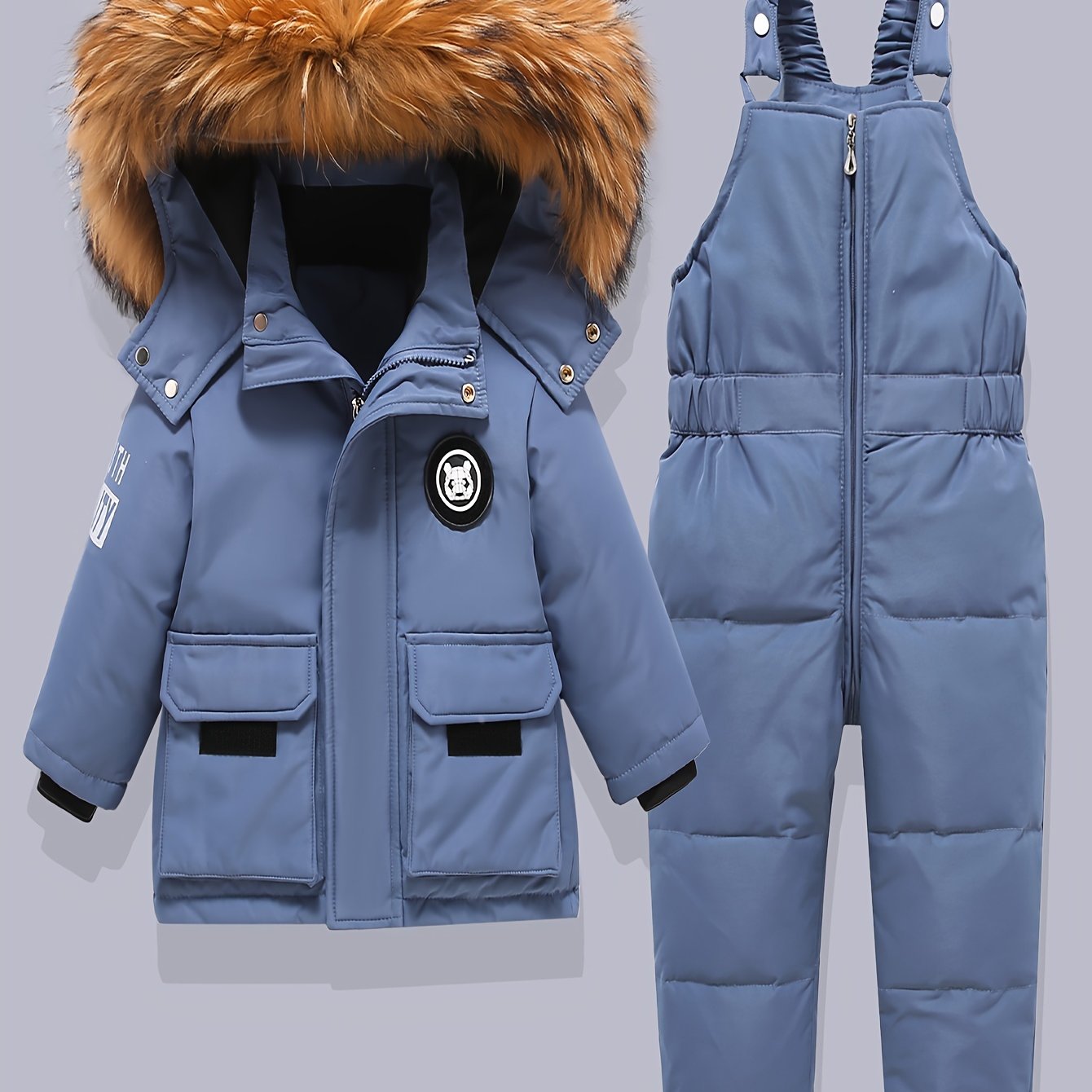 Kids Winter 2pcs Set: Girls Hooded Down Jacket and Pants in Pink, Duck Down Filled, Regular Fit, Non-Stretch Polyester, Woven Fabric, Ideal for Outdoor Activities.