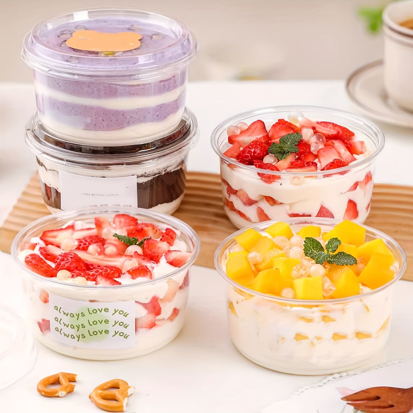 25 sets of clear plastic dessert cups with lids made from PET material, designed for reuse. These round candy packaging boxes are perfect for cakes, sweets, and fruit. They are transparent food containers suitable for both home and party use.