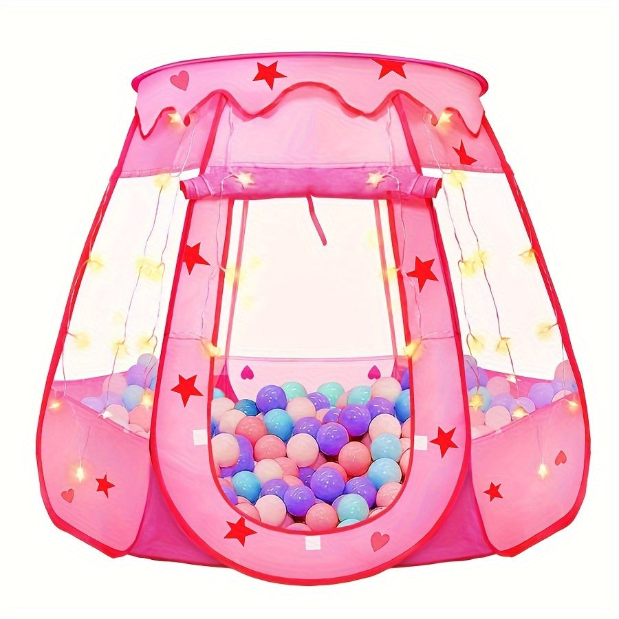 Children's pop-up play tent with star lights, pink princess ball pit for toddlers, indoor and outdoor playhouse, removable roof, steel frame, polyester fabric, includes storage bag