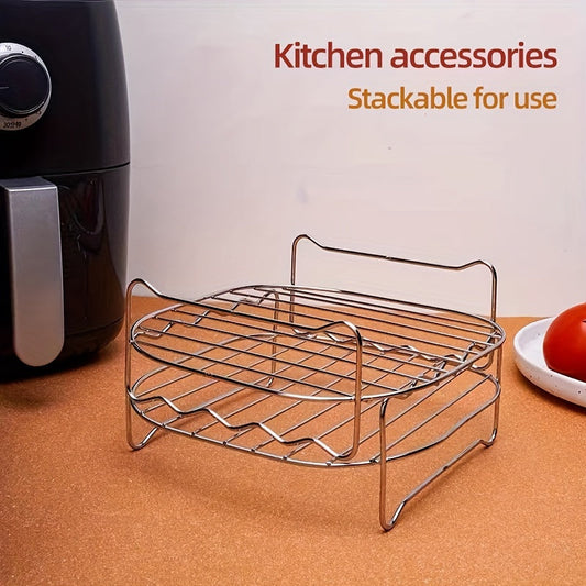 Air Fryer Rack Set: Includes 1 piece of Nonstick Stainless Steel Dehydrator Rack with 4 Skewers, measuring 19.0cm X 19.0cm X 6.99cm. This Square Air Fryer Baking Rack is a must-have for your kitchen, serving as both a baking tool and a kitchen gadget.