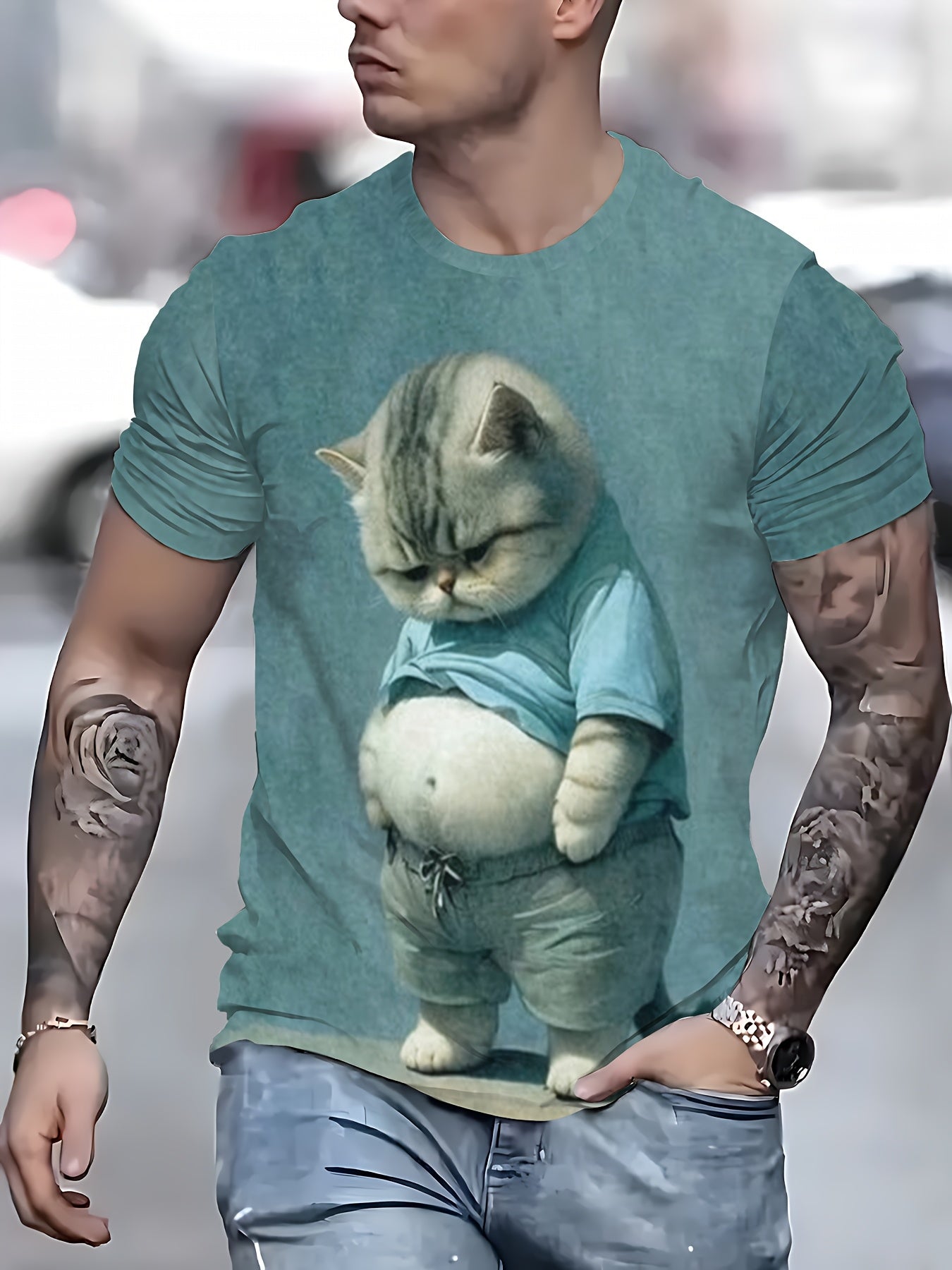 Men's Novelty 3D Cat Print T-Shirt, Polyester Crew Neck Short Sleeve Tee.