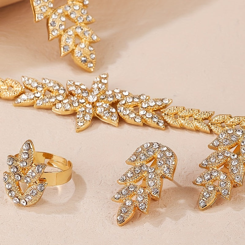 Beautiful Wedding Jewelry Set for Women: Gold Leaf Rhinestone Necklace, Ring, Earrings, and Bracelet - Perfect Gifts for Eid