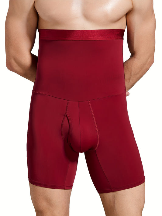 Men's tummy control compression shorts - high waist, athletic fit, nylon spandex blend, solid color, medium stretch sports underwear.