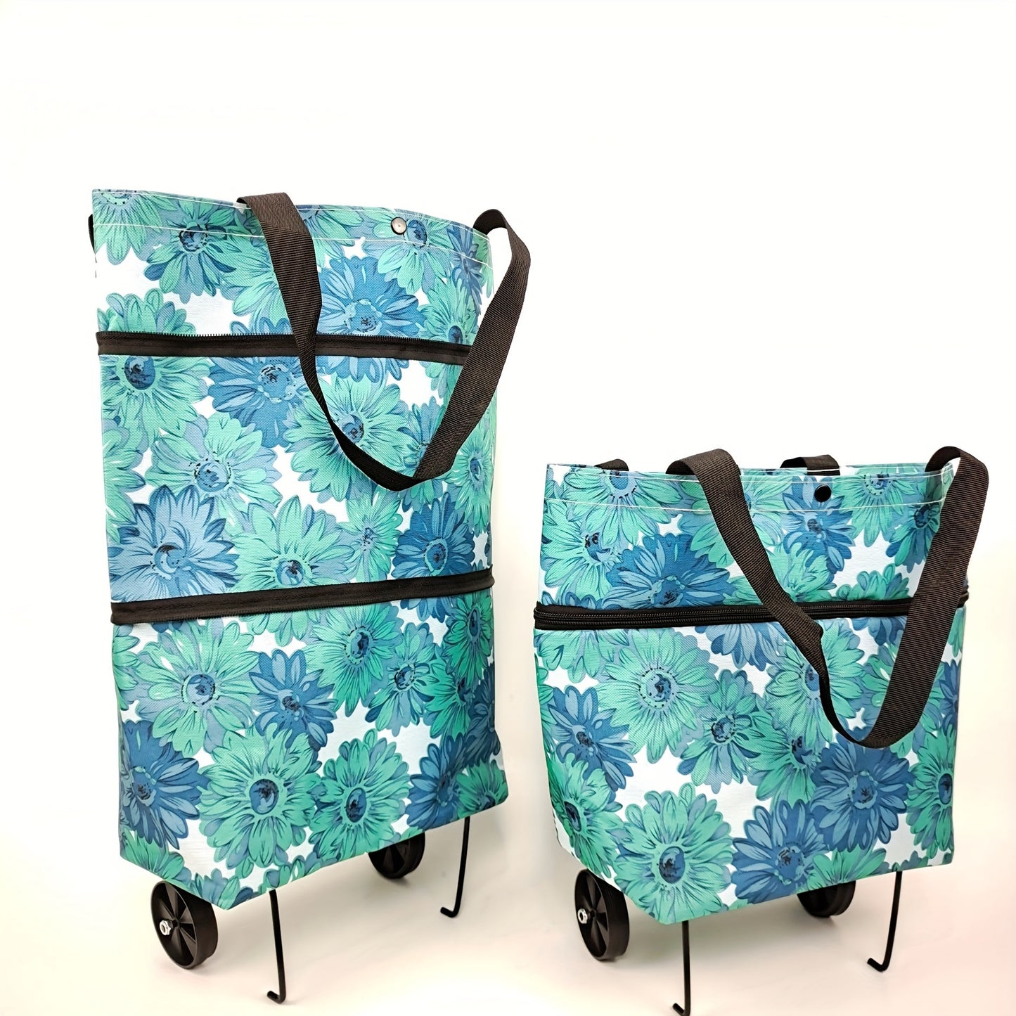 Reusable shopping bag with wheels, large capacity, foldable, multifunctional for storage and shopping.