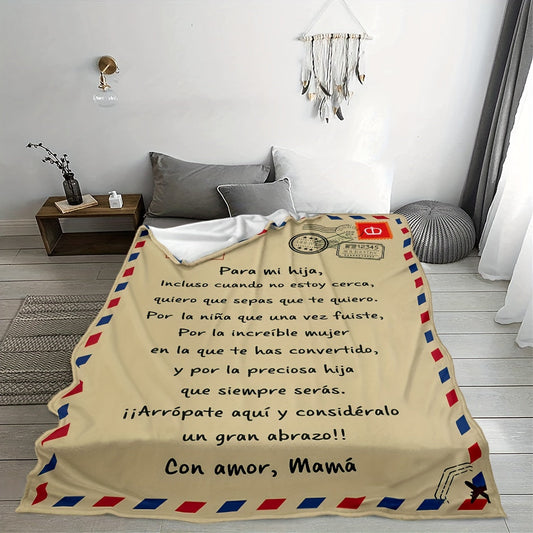 Contemporary Flannel Blanket with Spanish Lettering, Digital Print, All Seasons Cozy Knit Cartoon Theme Throw, Polyester, Perfect for Sofa, Bed, Travel - "Mi Hija" Love Letter Design - Ideal for Daughters