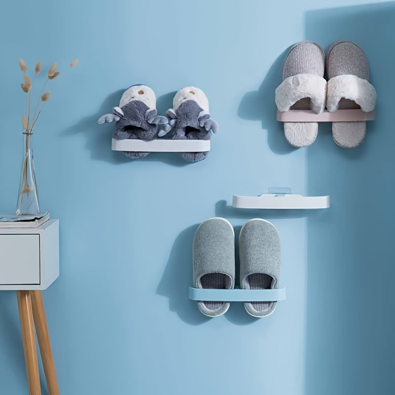 Wall-mounted shoe rack for household use with no need for drilling, suitable for slippers, cotton shoes, and towels in the bathroom, bedroom, living room, or toilet. Multifunctional self-adhesive storage rack for simple storage.