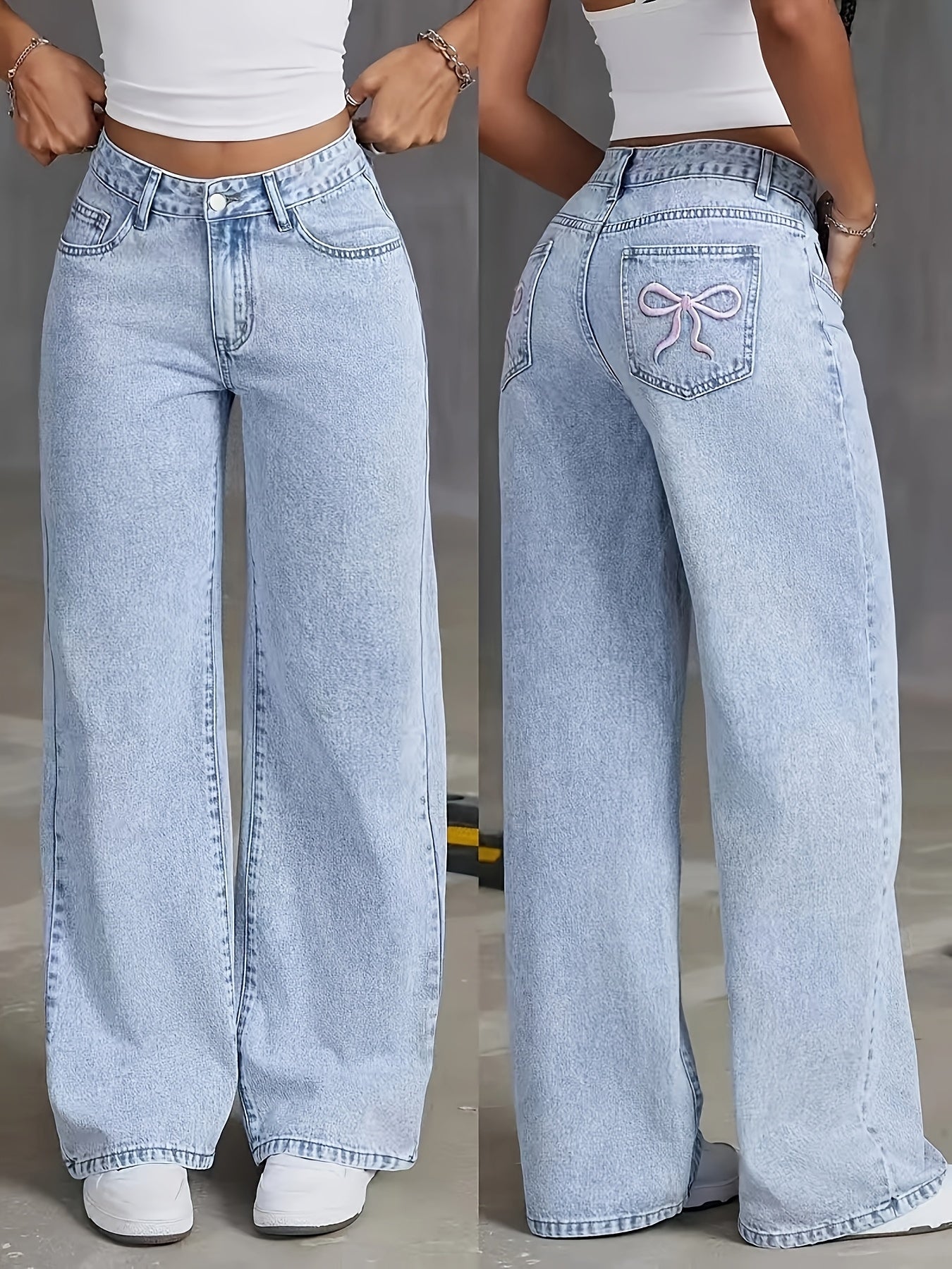 High-rise light wash blue denim wide-leg pants with butterfly details - street style, non-stretch fabric, machine washable.