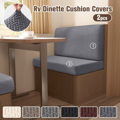 Modern 2-piece RV cushion slipcover set made of stretchy jacquard fabric. Machine washable with slipcover grip and elastic band for camping bench and furniture protection. Made of polyester and spandex.