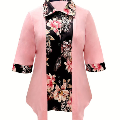 Plus Size Floral Patchwork Shirt with Button Front, 3/4 Sleeve for Spring & Fall. Women's Plus Size Clothing.