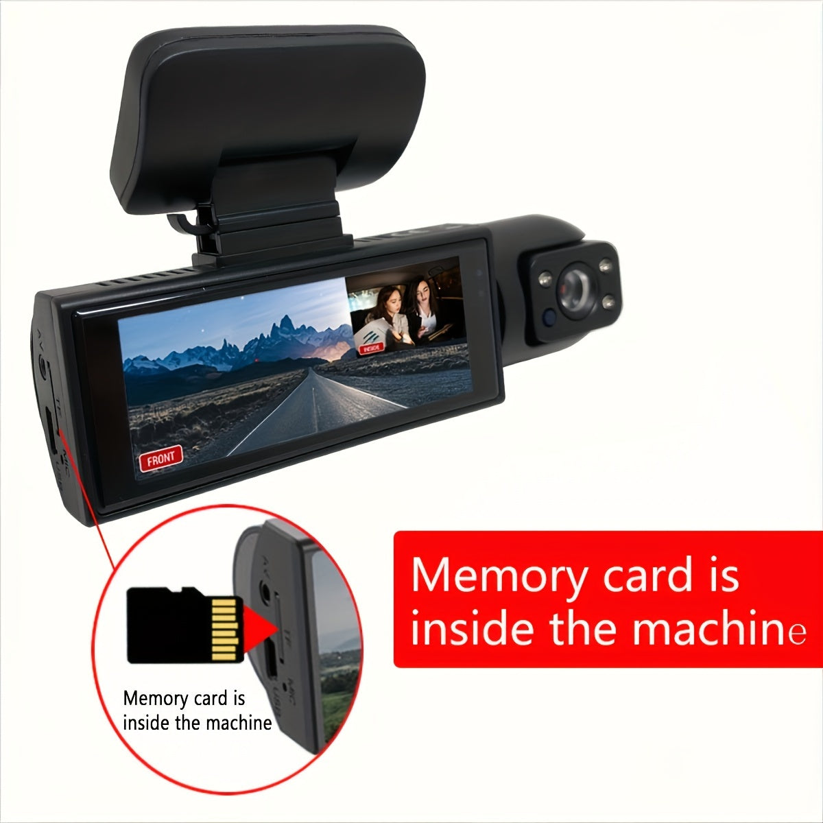 Ouyaaqii Upgraded Dual-Lens Dash Cam with 64GB Memory Card, Loop Recording, LCD Screen, HD Night Vision, Sun-Proof Case, Front & Interior Views