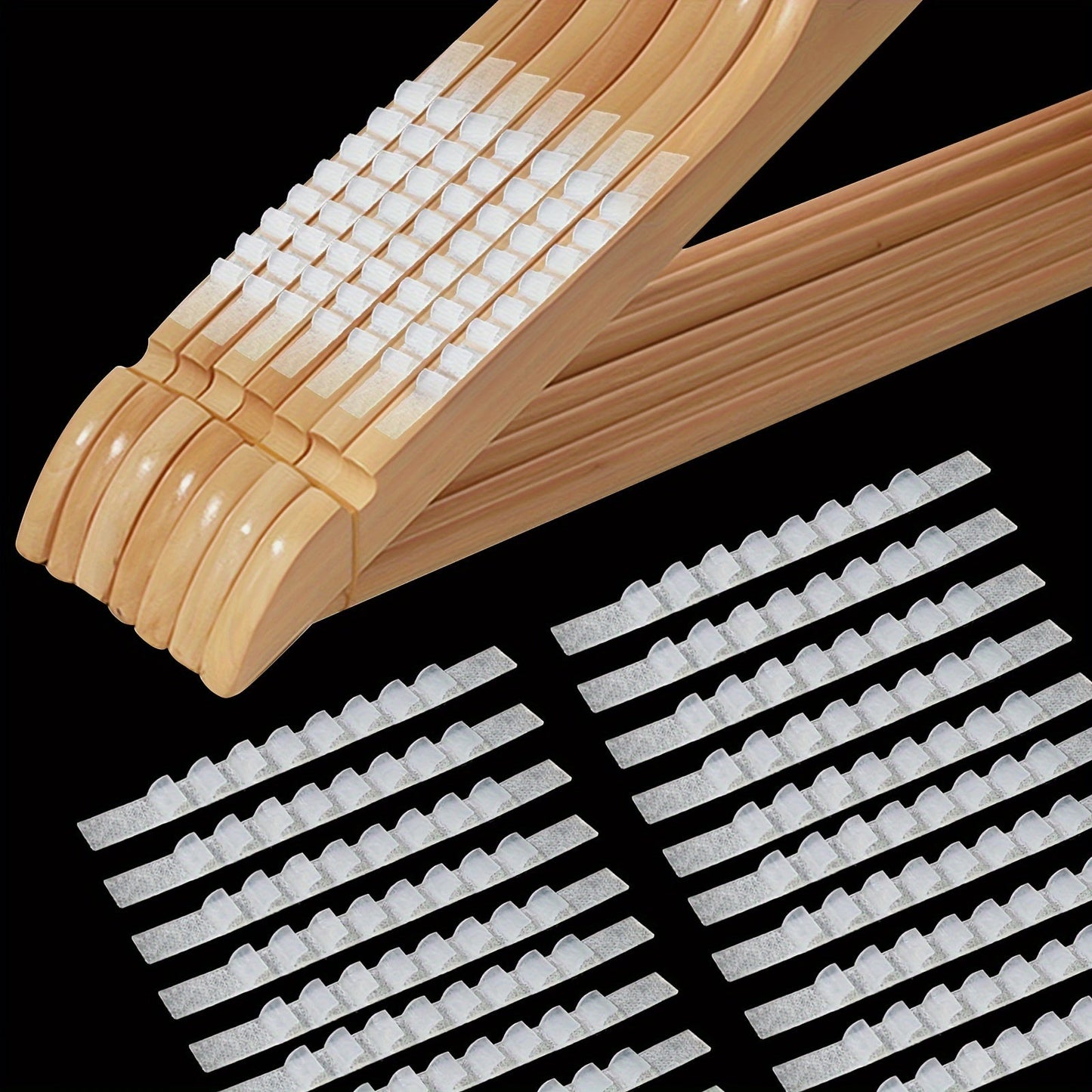 150 pieces of clear non-slip rubber grips for hangers with adhesive backing, suitable for use on both wooden and plastic hangers. Each grip measures 7.11cm x 0.58cm and features fins for added grip.