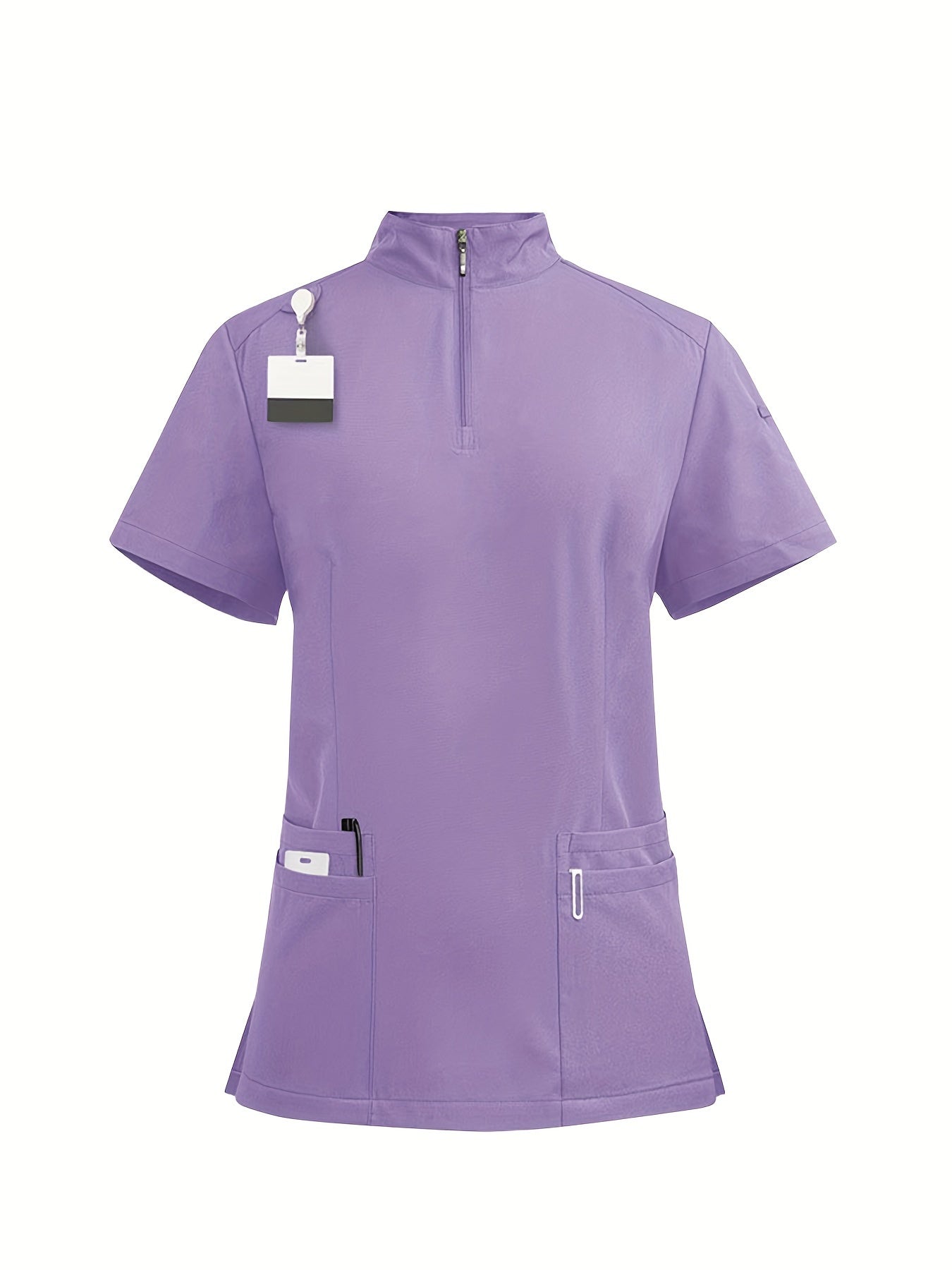 Women's elegant polyester scrubs set with zippered polo collar top and jogger pants, featuring multiple pockets. Made of woven fabric with 95% polyester and 5% spandex, ideal for spring