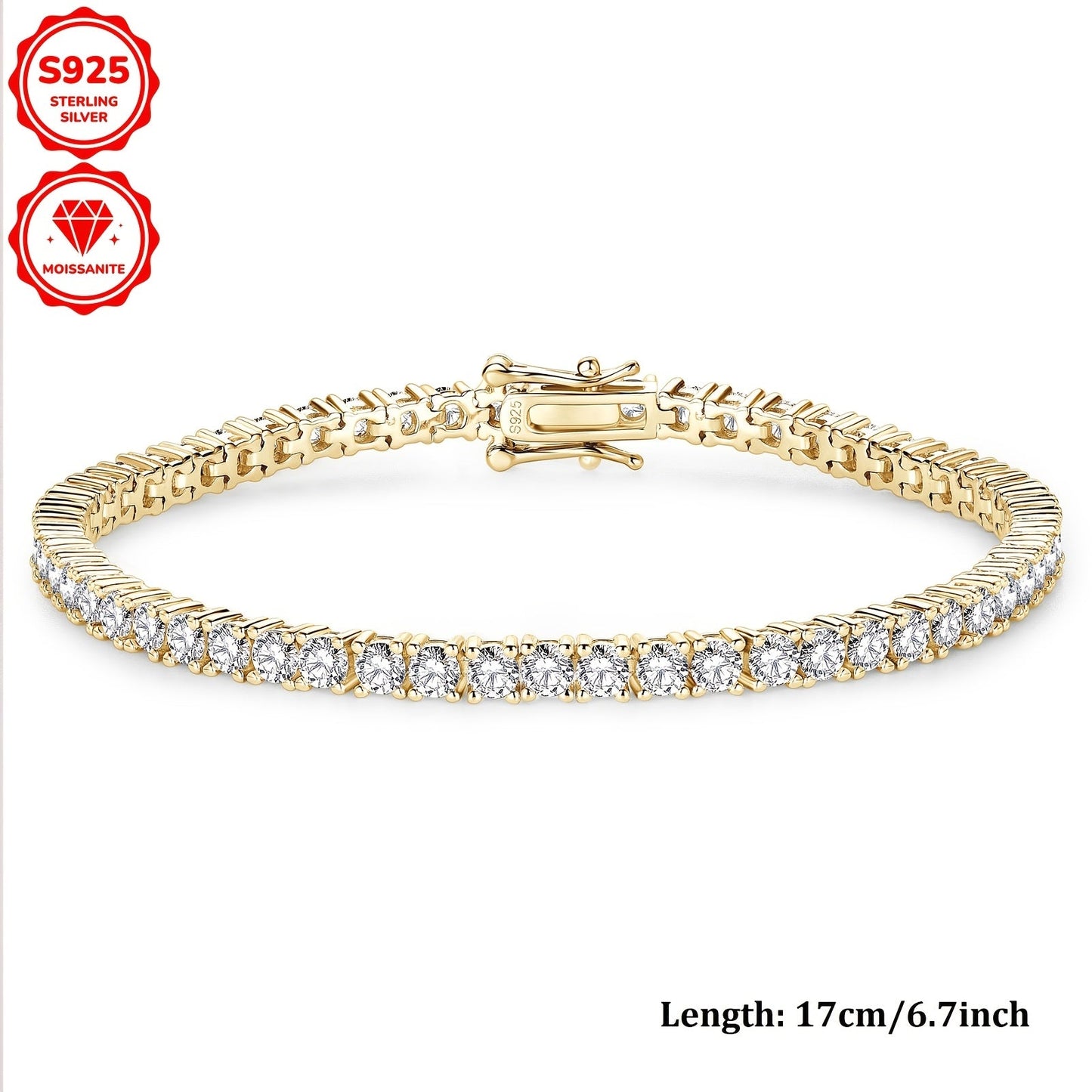 Beautiful 925 Sterling Silver Moissanite Tennis Bracelet with Gold Plating, Featuring 3mm Synthetic Stones totaling 5.4ct. Perfect for April Birthdays, Available in 17cm or 18cm. Ideal for Weddings, Vacations, and as a Thoughtful Christmas Present.