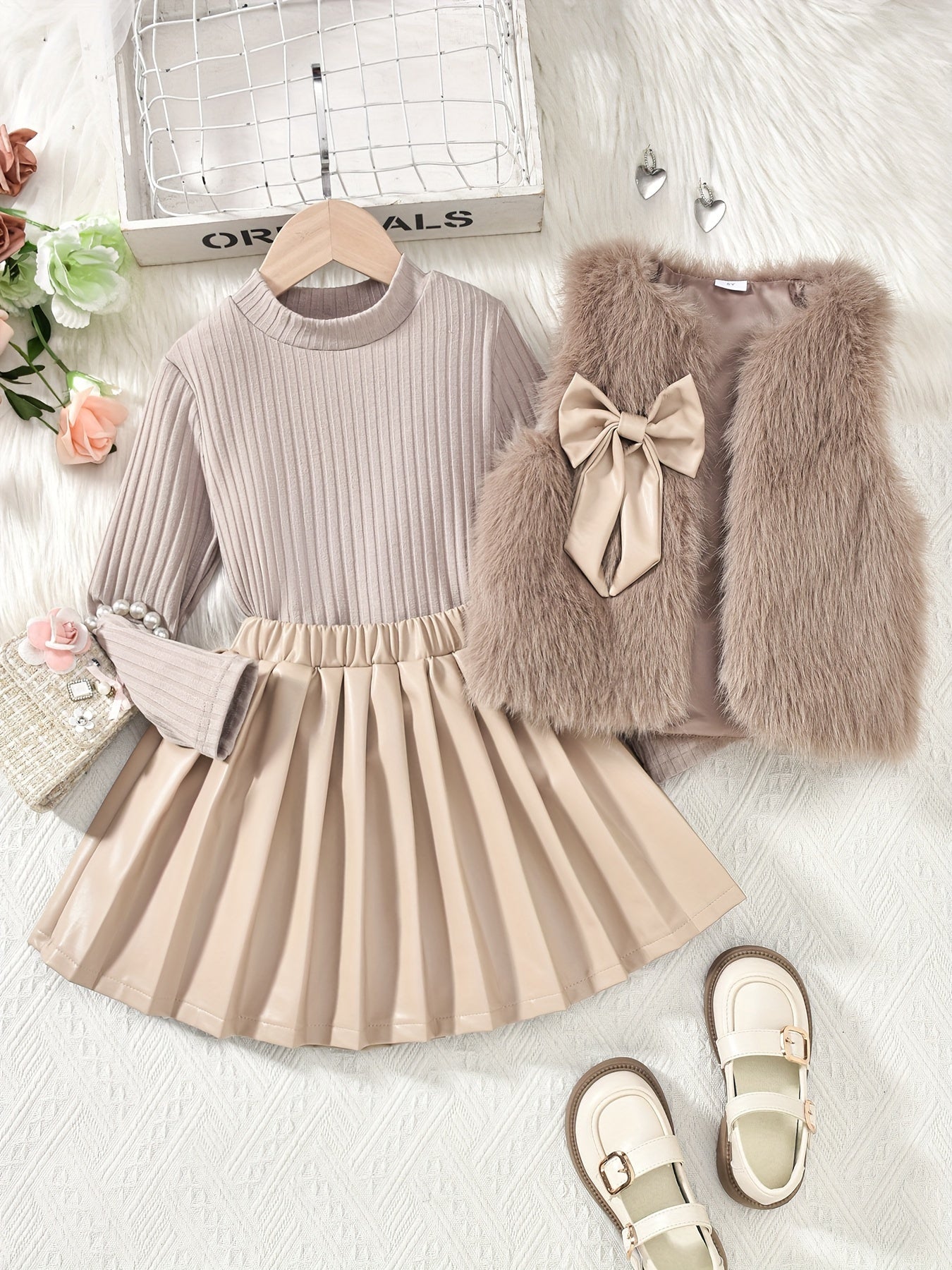 Girls' 3-piece knit set with mock neck top, pleated skirt, and furry bow vest for fall/winter outdoor wear