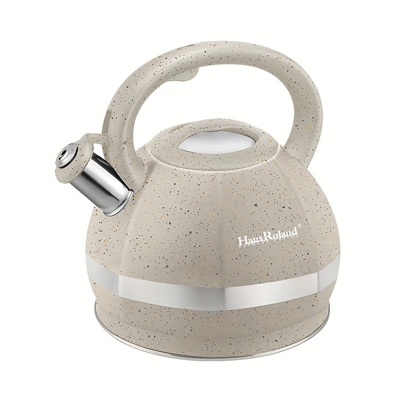 This 3L Hausroland Stainless Steel Tea Kettle has a heat-proof handle and whistles when it boils. It is suitable for both gas and electric stoves, and does not require electricity to operate.