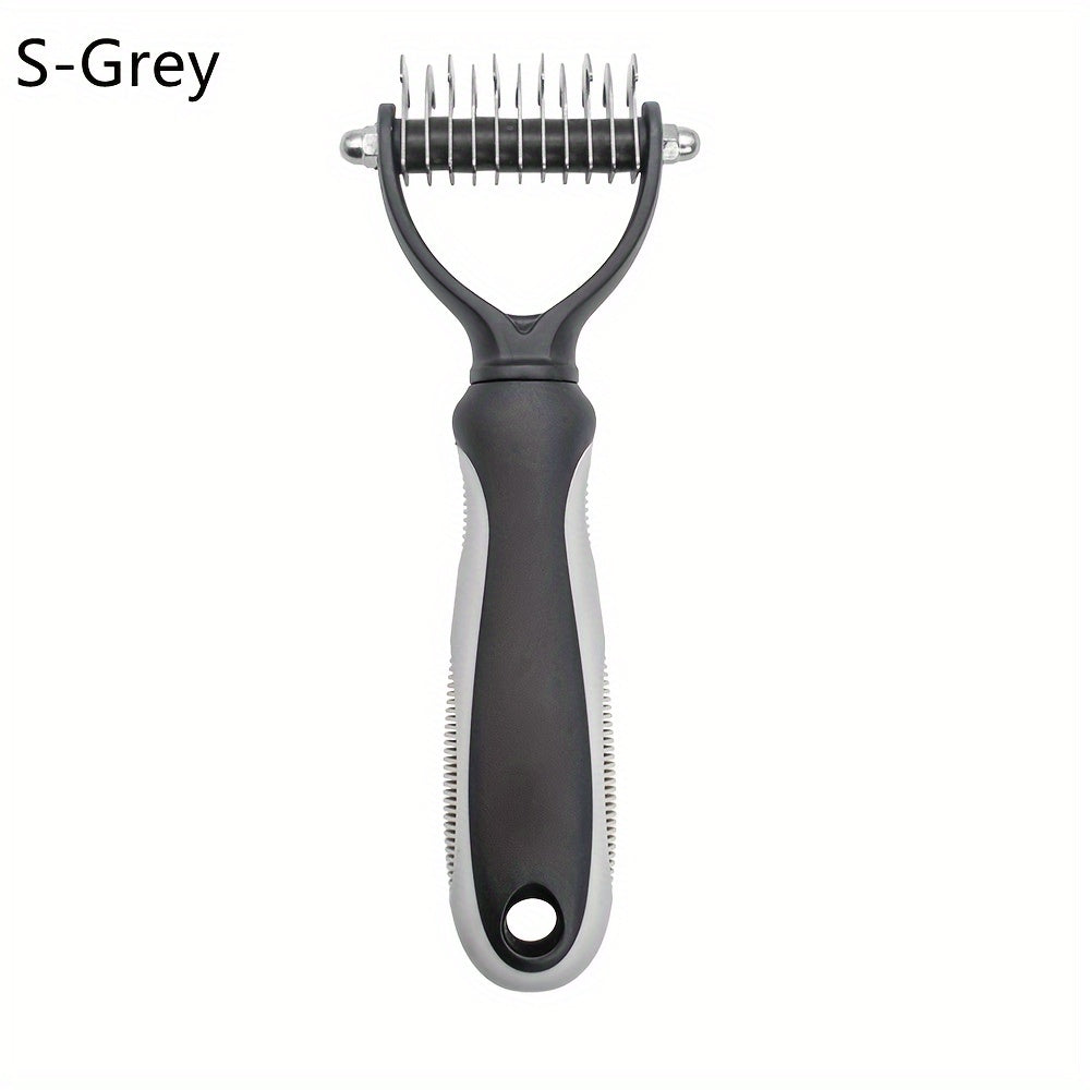 Dual-sided dog grooming brush removes knots and undercoat easily.