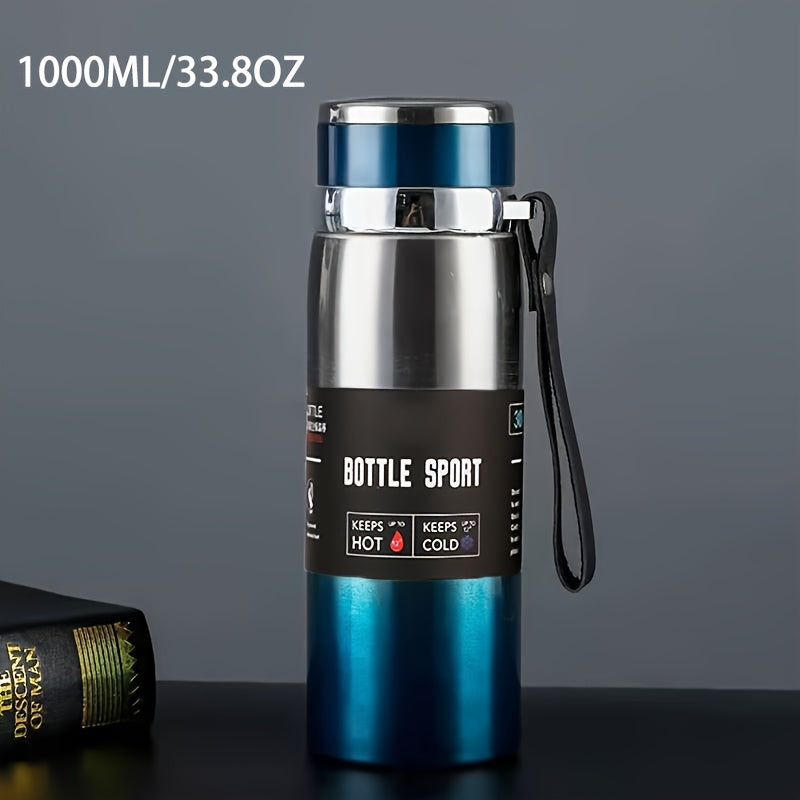 Stainless steel 1000ml vacuum insulated water bottle with portable strap, BPA-free, keeps hot/cold for sports and outdoor activities, hand wash only.